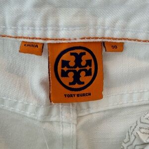 Tory Burch White Denim Logo Pocket Jeans with signature design on back pockets